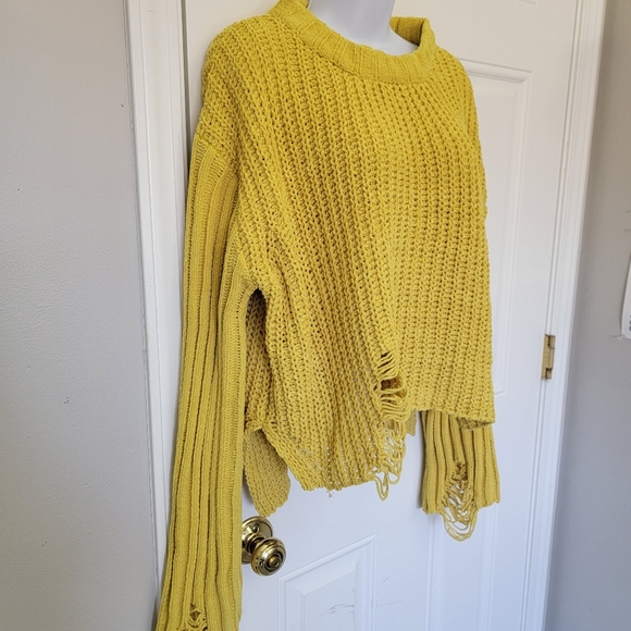NWT Rehab Lab Bright Yellow Factory Distressed Chenille Loose Knit Sweater Sz L - Picture 2 of 11